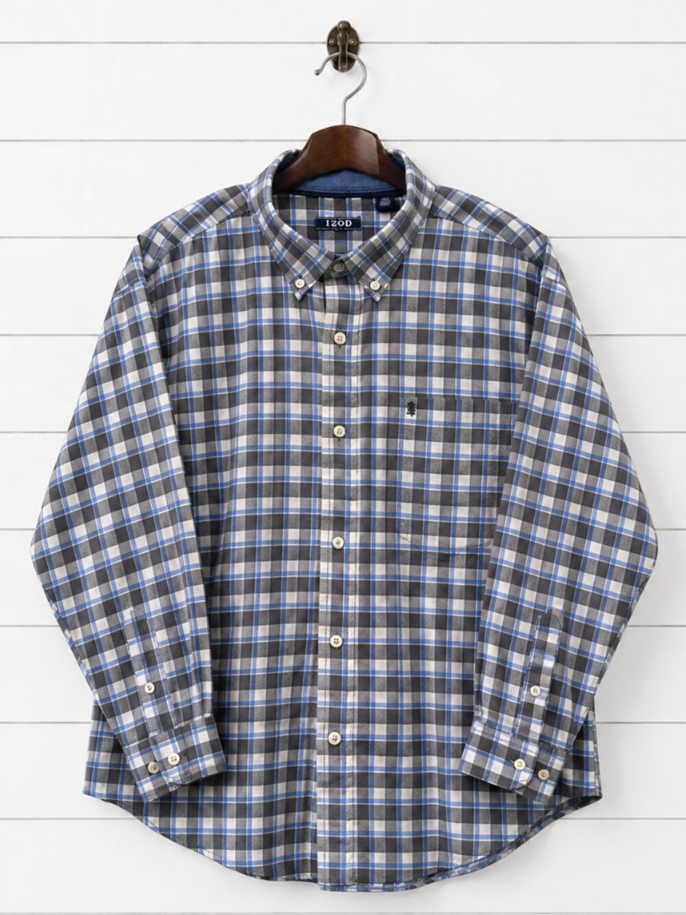 IZOD Men’s XXL Tall Plaid Button Down Shirt Blue Gray Long Sleeve Preppy